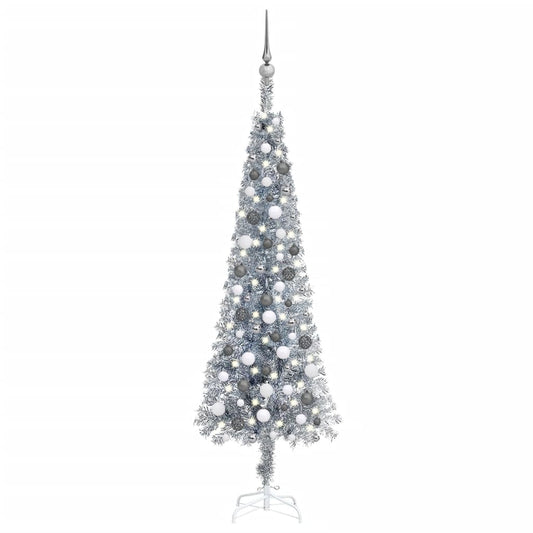 Kerstboom Met Led's En Kerstballen Smal 180 Cm Zilverkleurig