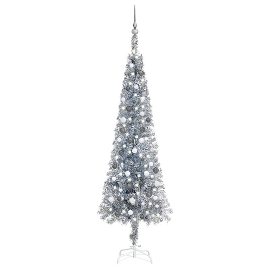 Kerstboom Met Led's En Kerstballen Smal 240 Cm Zilverkleurig