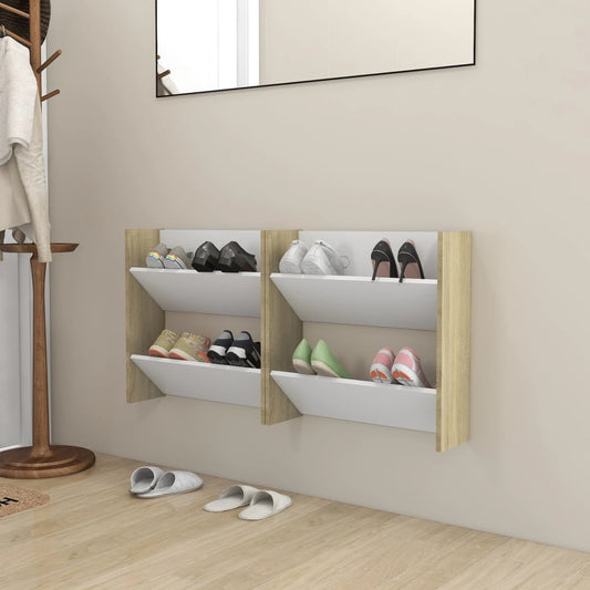 Wandschoenenkasten 2 St 60X18X60 Cm Spaanplaat Wit Sonoma Eiken