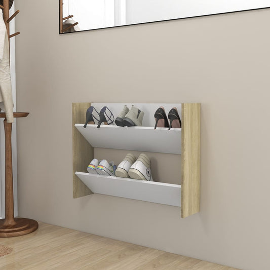Wandschoenenkast 80X18X60 Cm Spaanplaat Wit En Sonoma Eiken