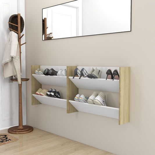 Wandschoenenkasten 2 St 80X18X60 Cm Spaanplaat Wit Sonoma Eiken