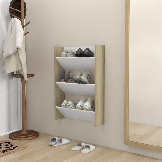 Wandschoenenkast 60X18X90 Cm Spaanplaat Wit Sonoma Eikenkleurig