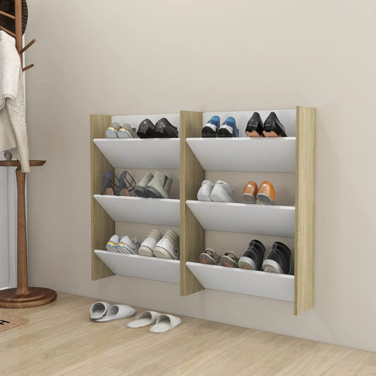 Wandschoenenkasten 2 St 60X18X90 Cm Spaanplaat Wit Sonoma Eiken
