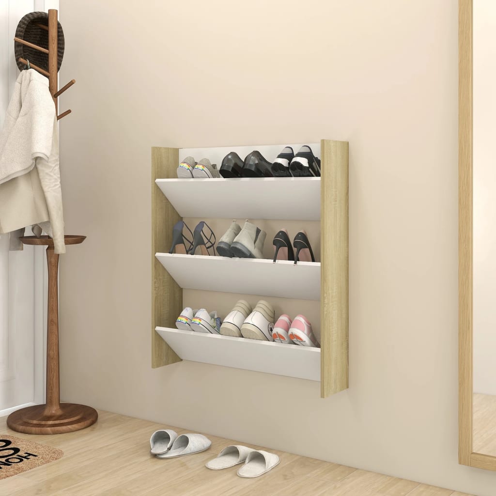 Wandschoenenkast 80X18X90 Cm Spaanplaat Wit Sonoma Eikenkleurig