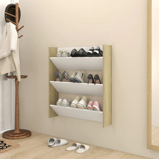 Wandschoenenkast 80X18X90 Cm Spaanplaat Wit Sonoma Eikenkleurig