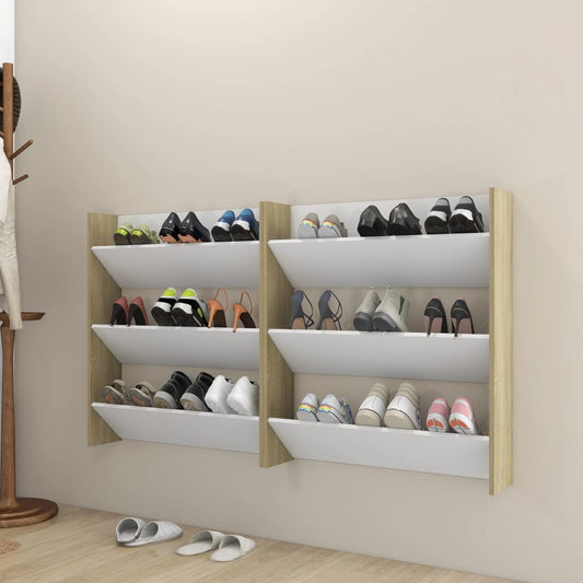 Wandschoenenkasten 2 St 80X18X90 Cm Spaanplaat Wit Sonoma Eiken