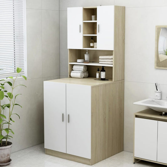 Wasmachinekast 70,5X25,5X90 Cm Wit En Sonoma Eikenkleurig