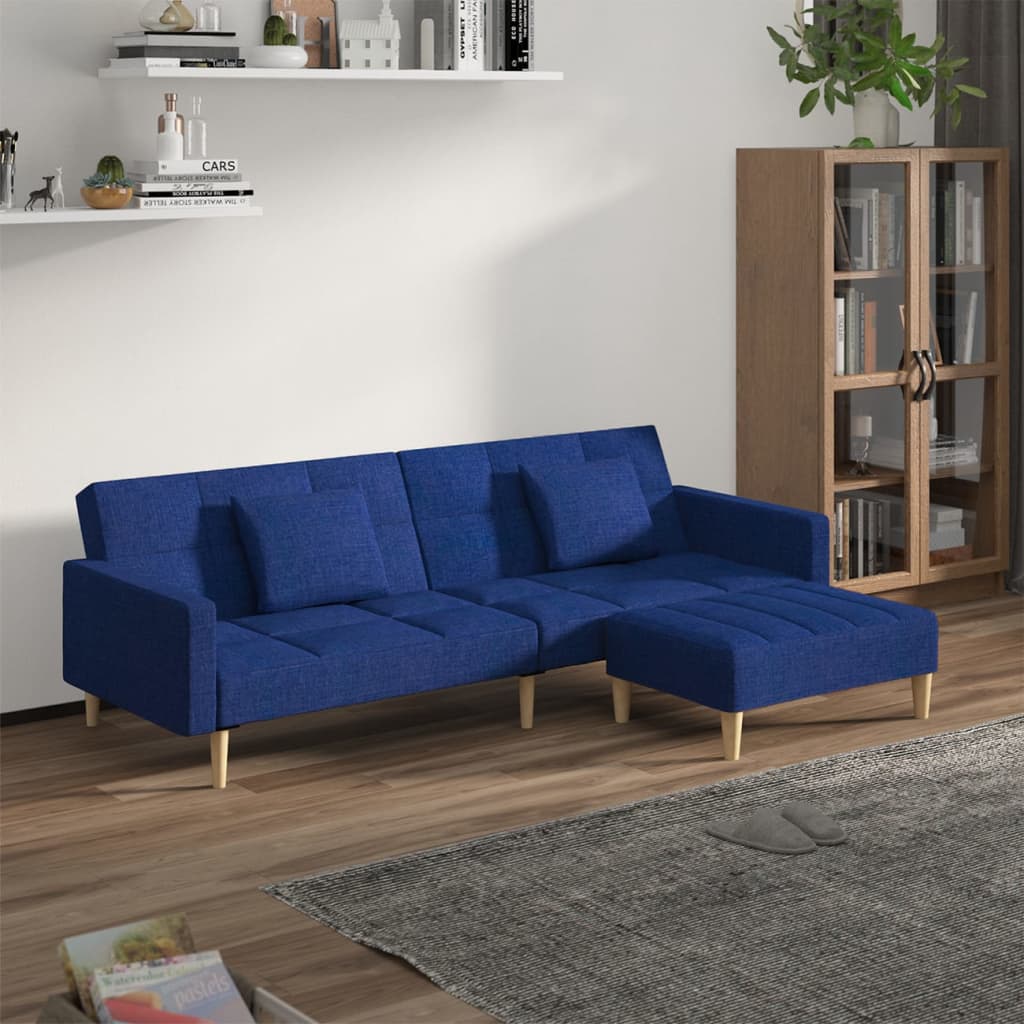 Slaapbank 2-Zits Met 2 Kussens En Voetenbank Stof Blauw