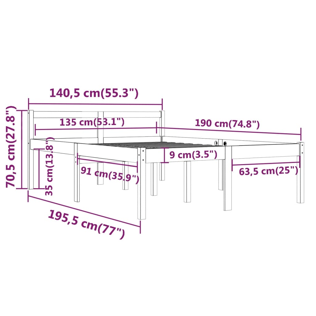 Bedframe Massief Grenenhout Zwart 135X190 Cm 4Ft6 Double