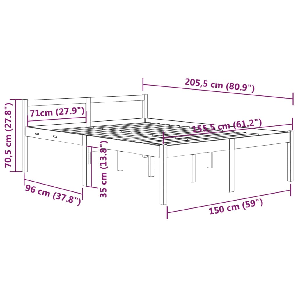 Bedframe Massief Grenenhout Wit 150X200 Cm 5Ft King