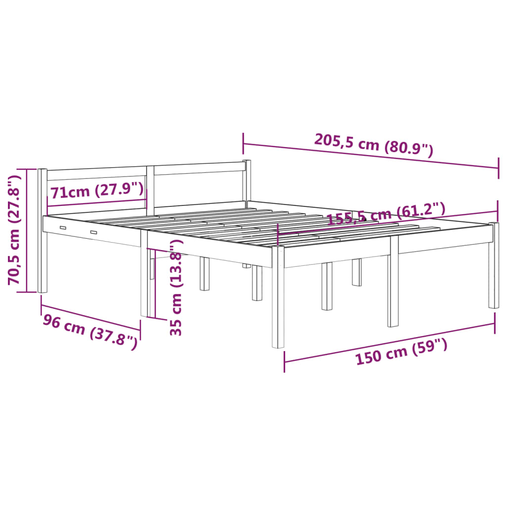 Bedframe Massief Grenenhout Zwart 150X200 Cm 5Ft King