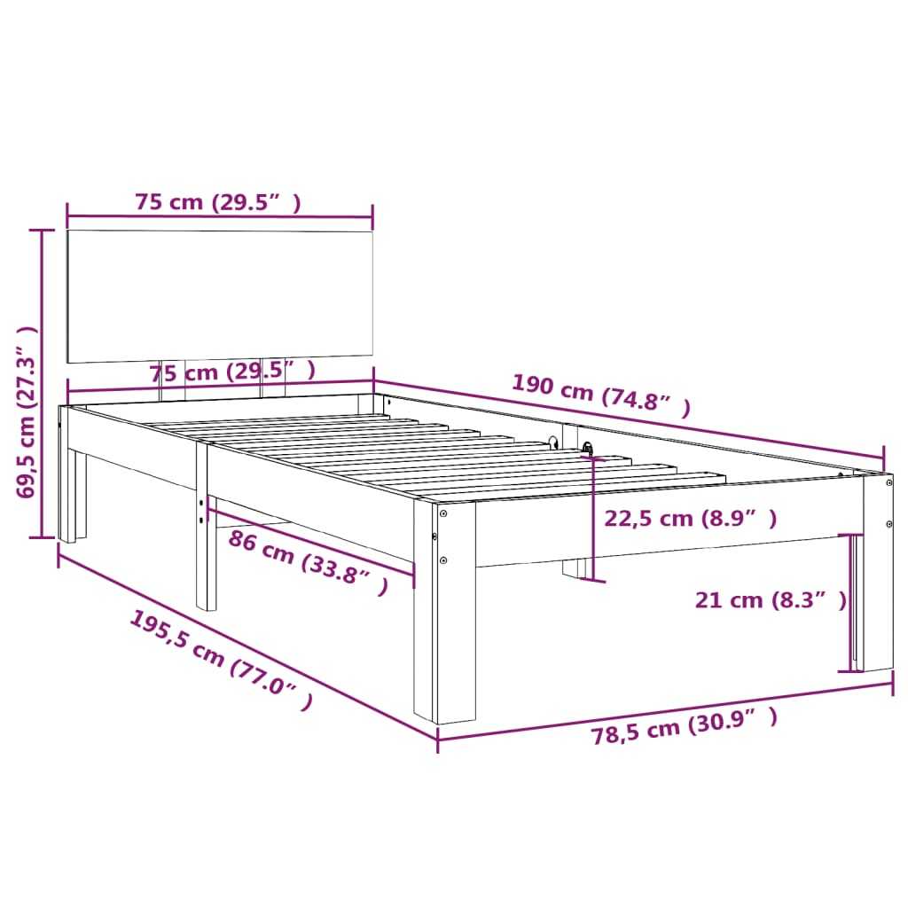 Bedframe Massief Hout Honingbruin 75X190 Cm 2Ft6 Small Single