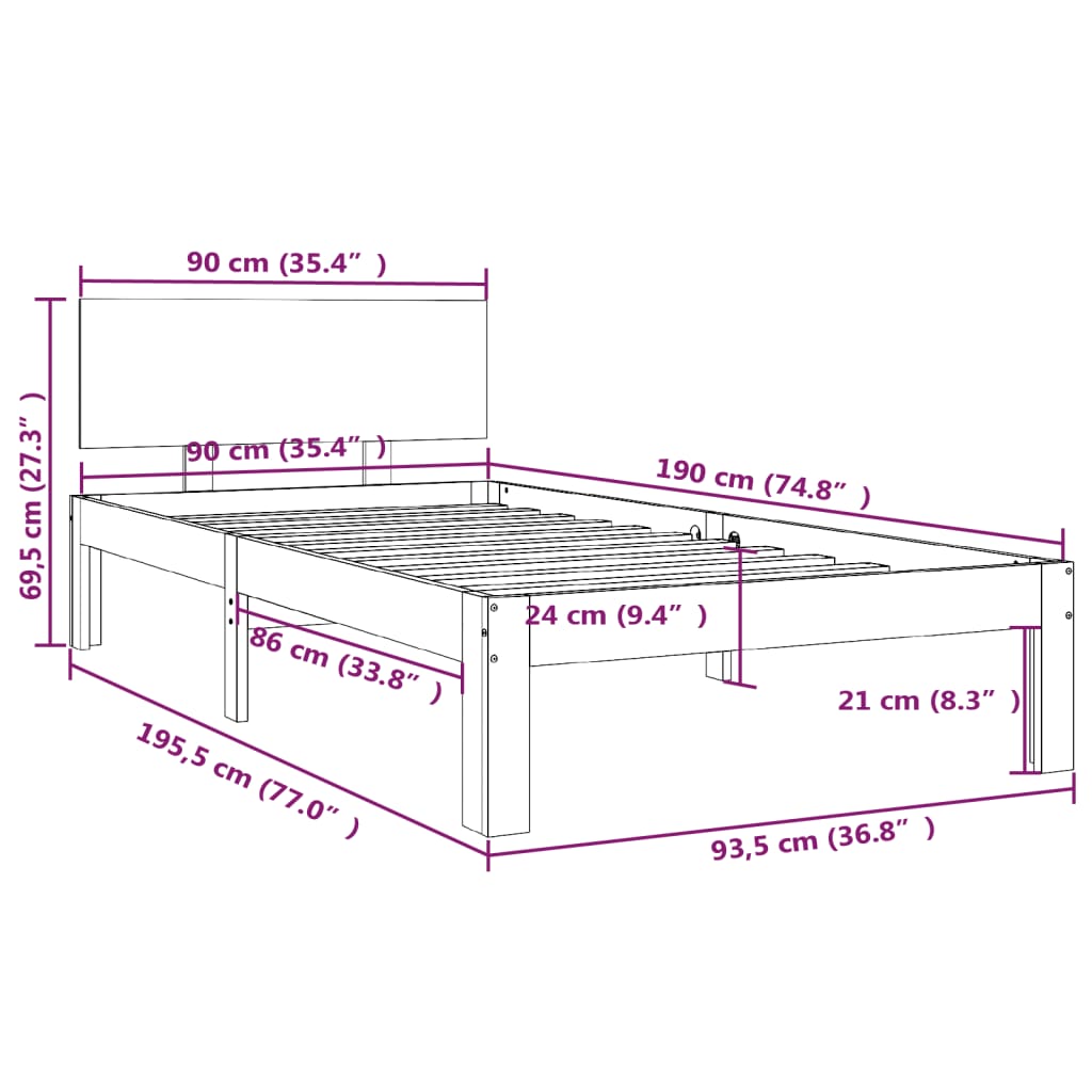 Bedframe Massief Hout Wit 90X190 Cm 3Ft Single