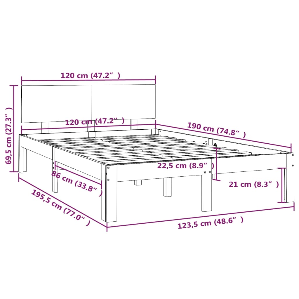 Bedframe Massief Hout Grijs 120X190 Cm 4Ft Small Double