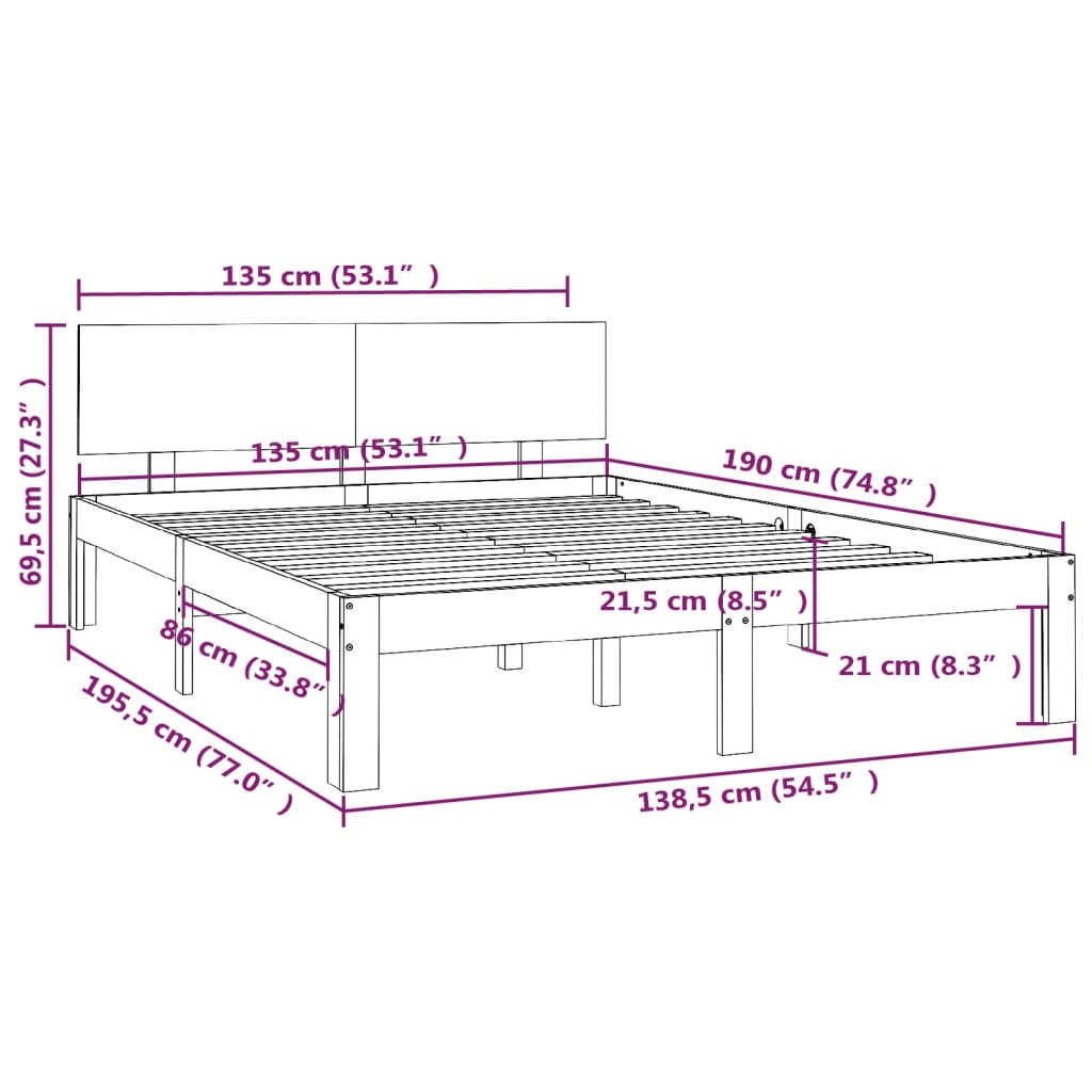 Bedframe Massief Hout Wit 135X190 Cm 4Ft6 Double