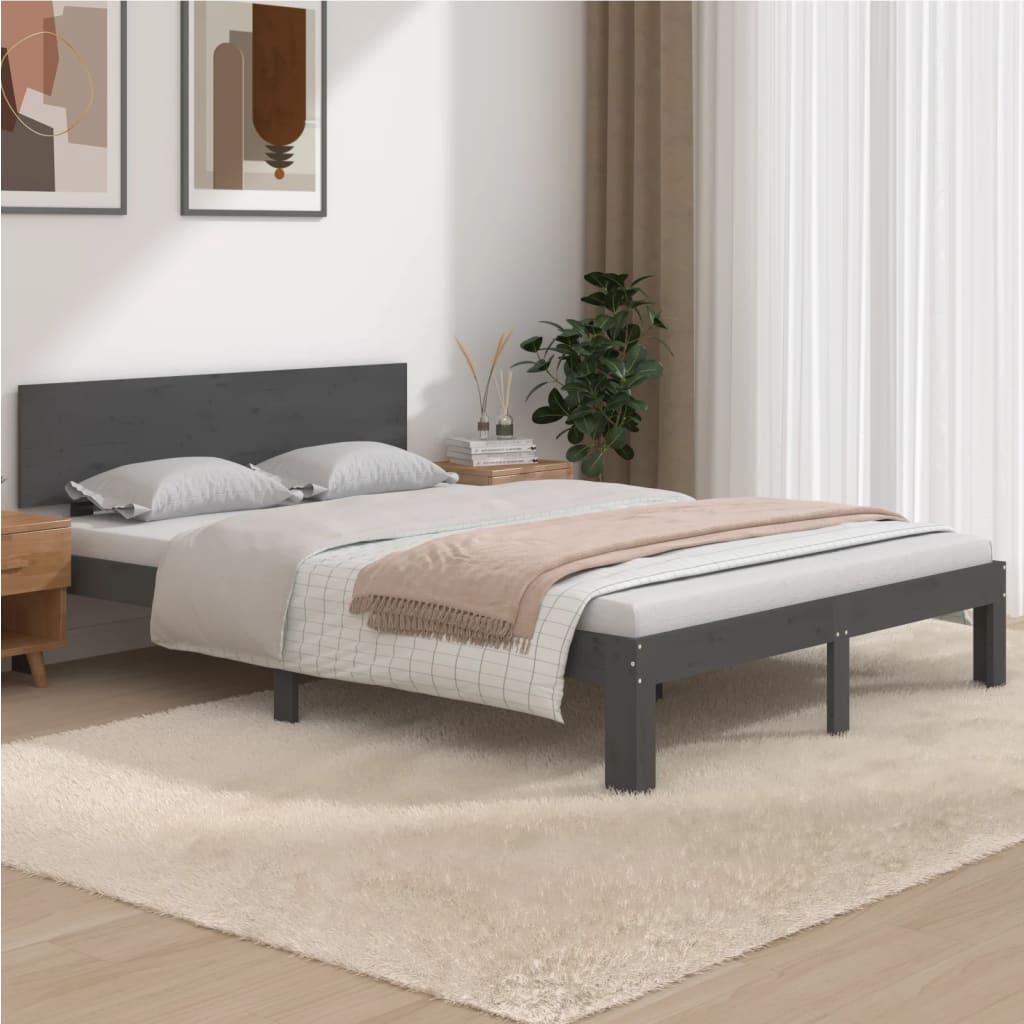 Bedframe Massief Hout Grijs 135X190 Cm 4Ft6 Double