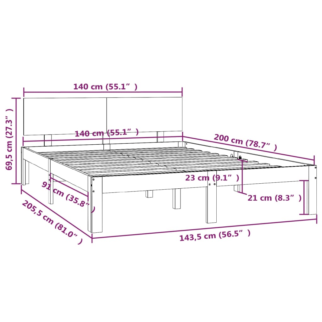 Bedframe Massief Grenenhout Zwart 140X200 Cm