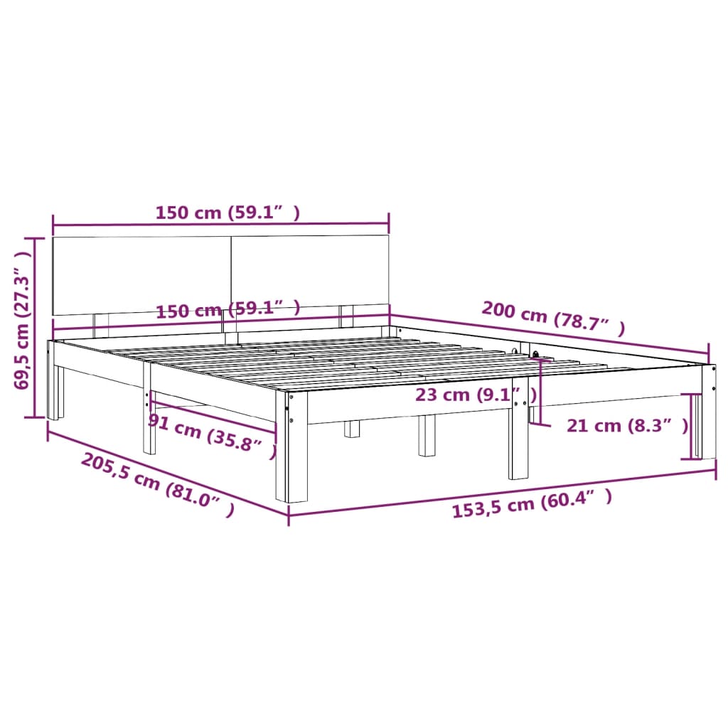 Bedframe Massief Hout Grijs 150X200 Cm 5Ft King Size