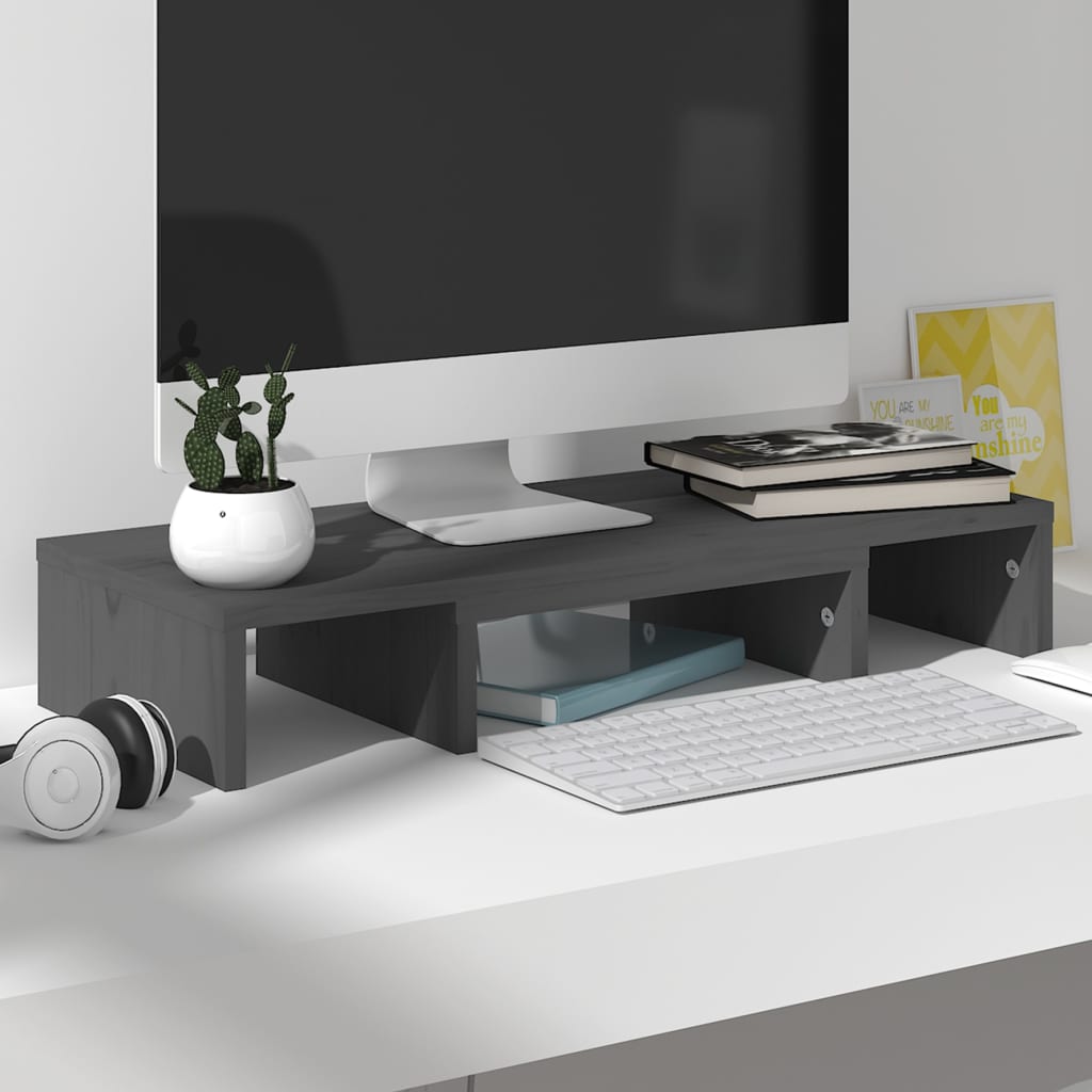 Monitorstandaard 60X24X10,5 Cm Massief Grenenhout Grijs