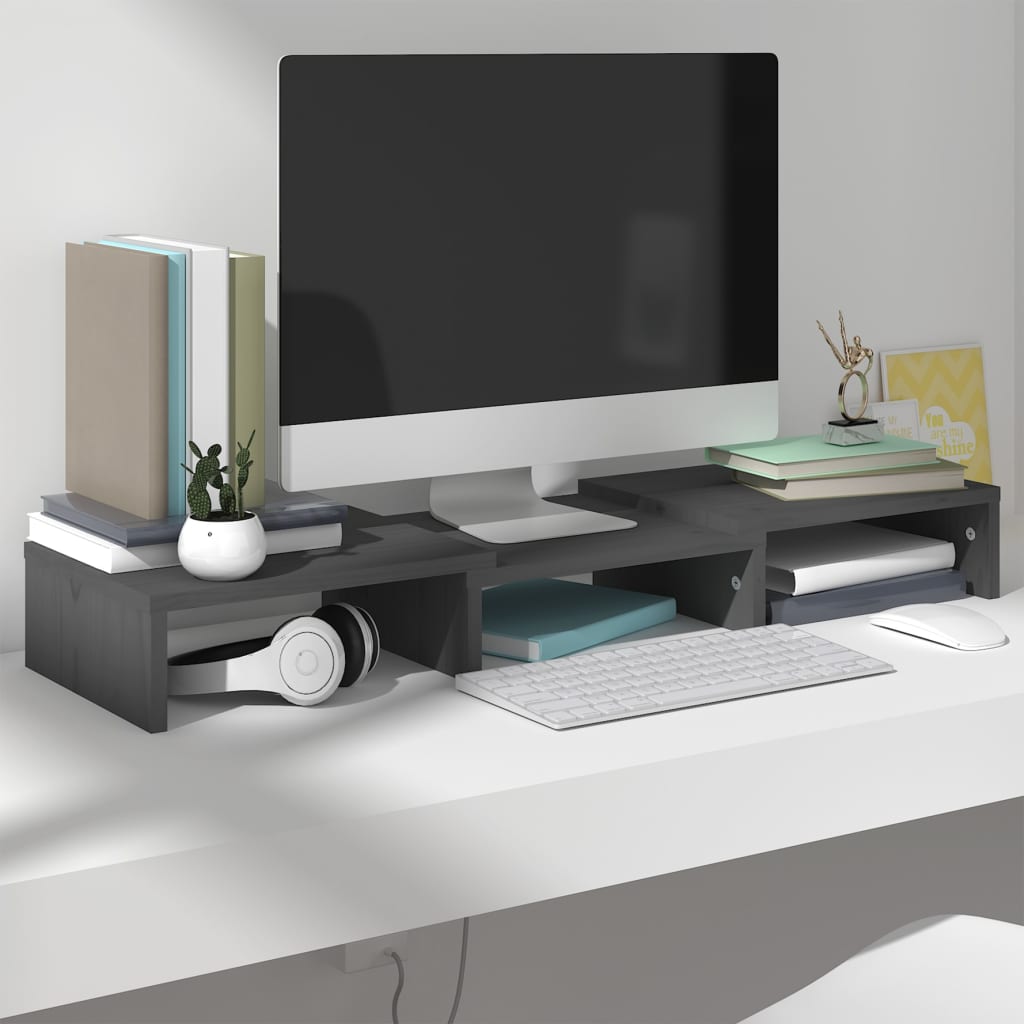 Monitorstandaard 60X24X10,5 Cm Massief Grenenhout Grijs