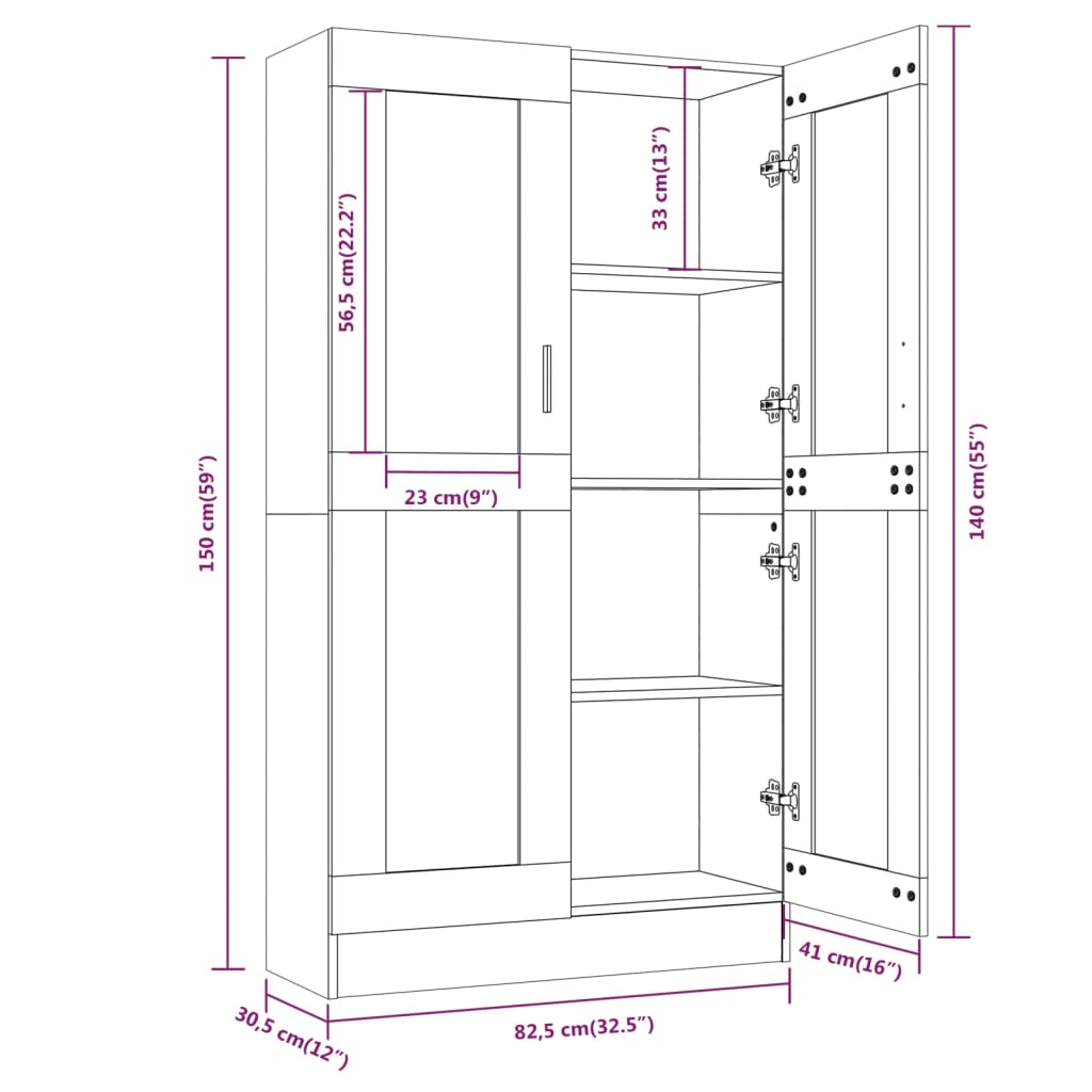 Vitrinekast 82,5X30,5X150 Cm Bewerkt Hout Bruineikenkleurig