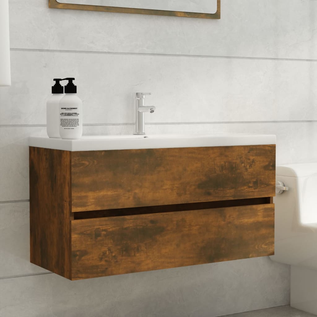 Wastafelkast 90X38,5X45 Cm Bewerkt Hout Gerookt Eikenkleurig