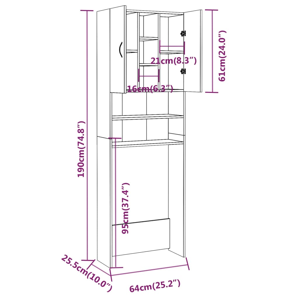 Wasmachinekast 64X25,5X190 Cm Grijs Sonoma Eikenkleurig