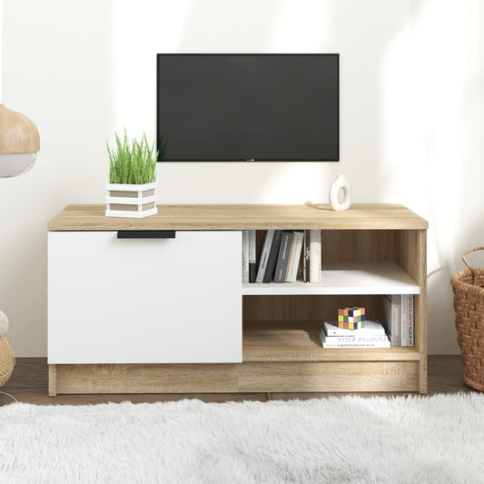 Tv-Meubel 80X35X36,5 Cm Bewerkt Hout Wit En Sonoma Eikenkleurig