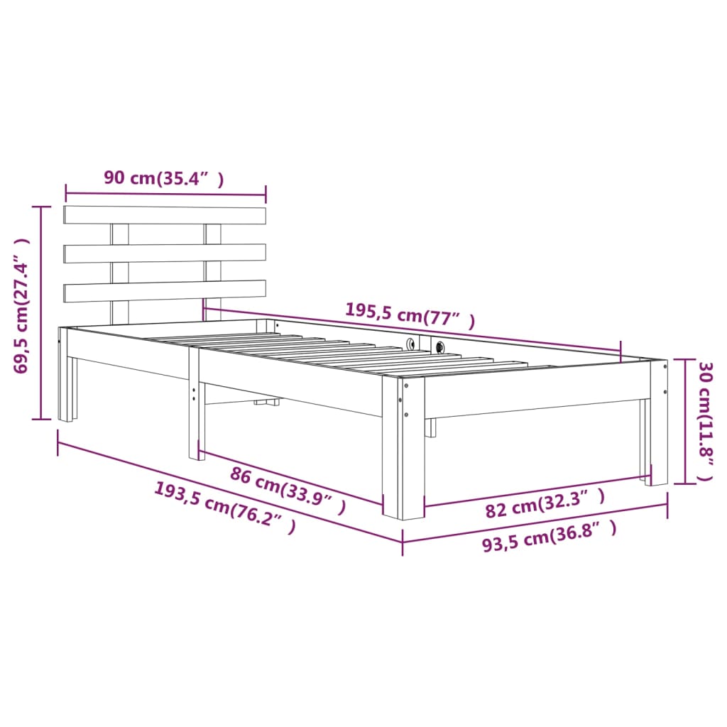 Bedframe Massief Hout Grijs 90X190 Cm 3Ft Single