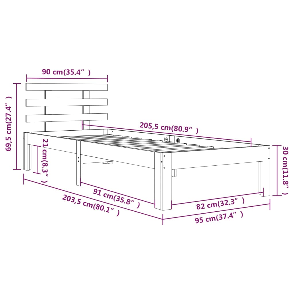Bedframe Massief Hout Grijs 90X200 Cm