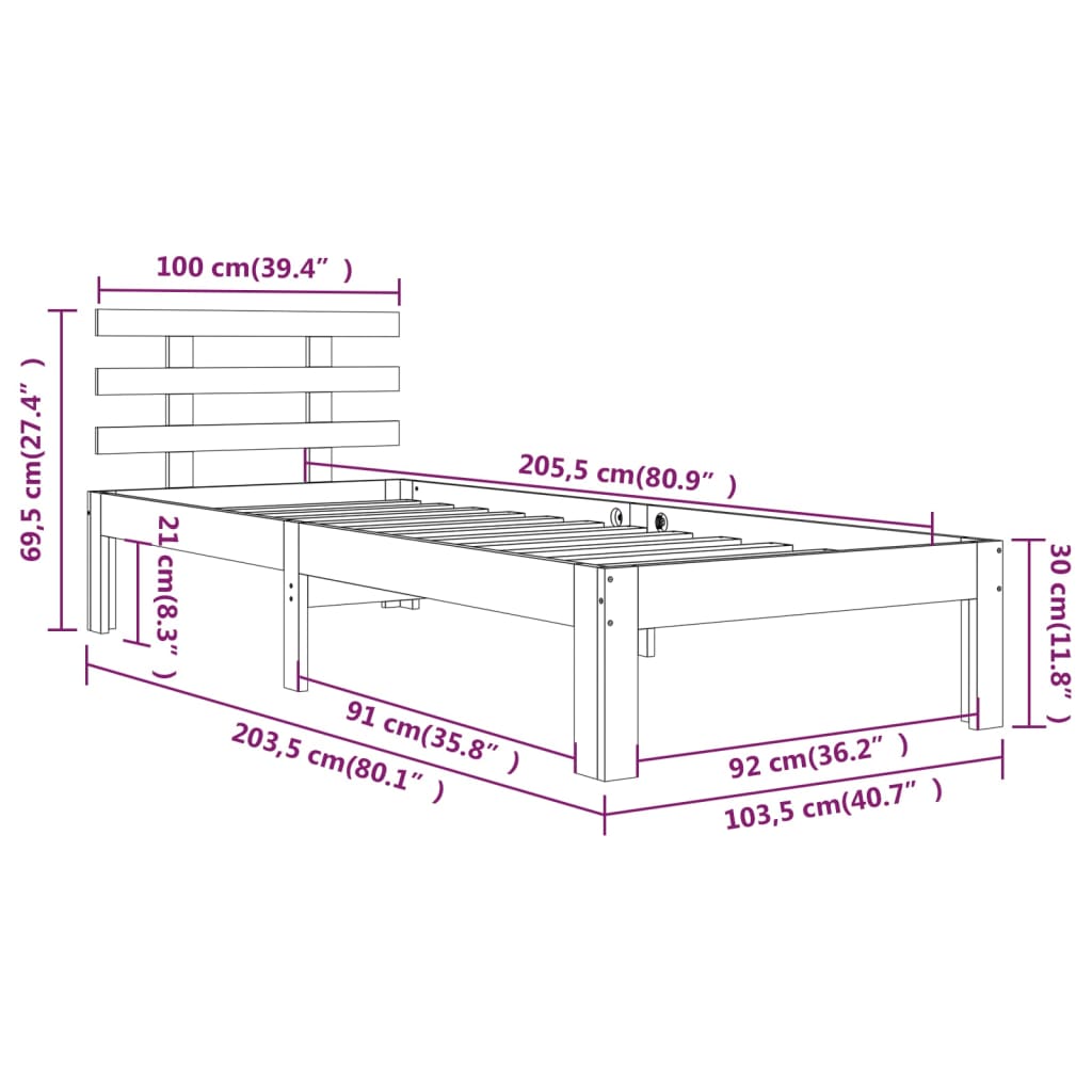 Bedframe Massief Hout Wit 100X200 Cm