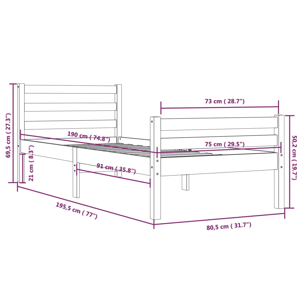 Bedframe Massief Hout 75X190 Cm 2Ft6 Small Single