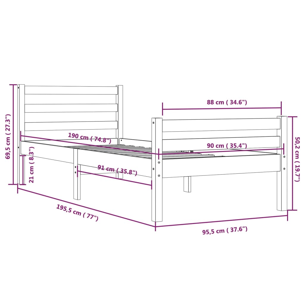 Bedframe Massief Hout Wit 90X190 Cm 3Ft Single