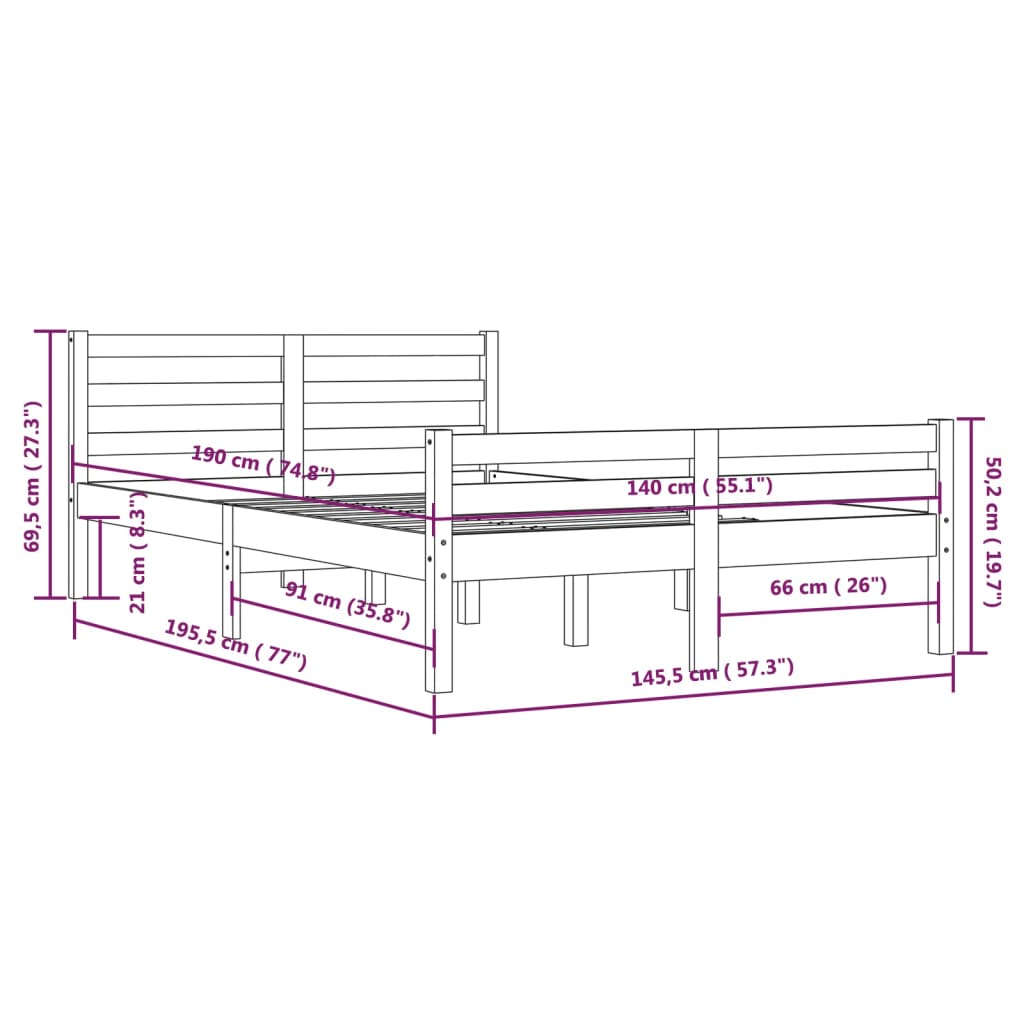 Bedframe Massief Hout Zwart 140X190 Cm