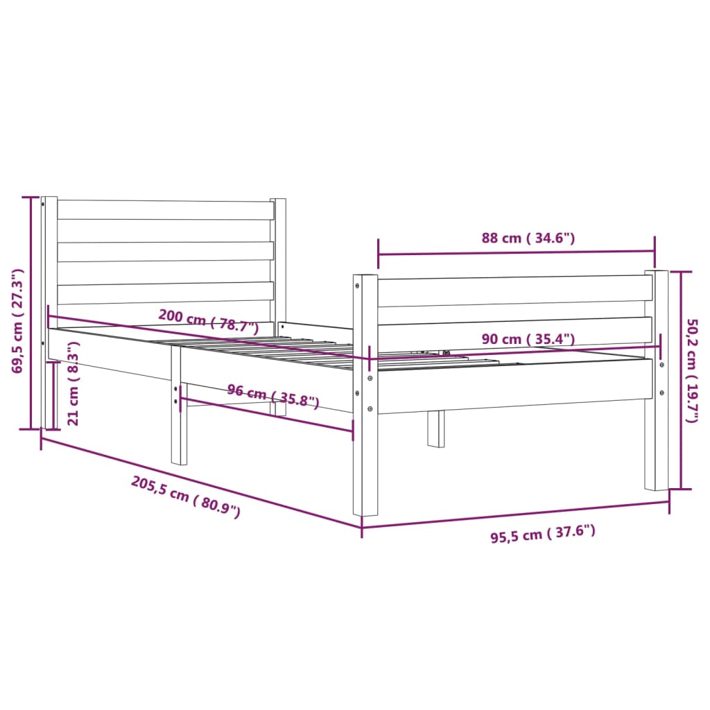 Bedframe Massief Hout 90X200 Cm