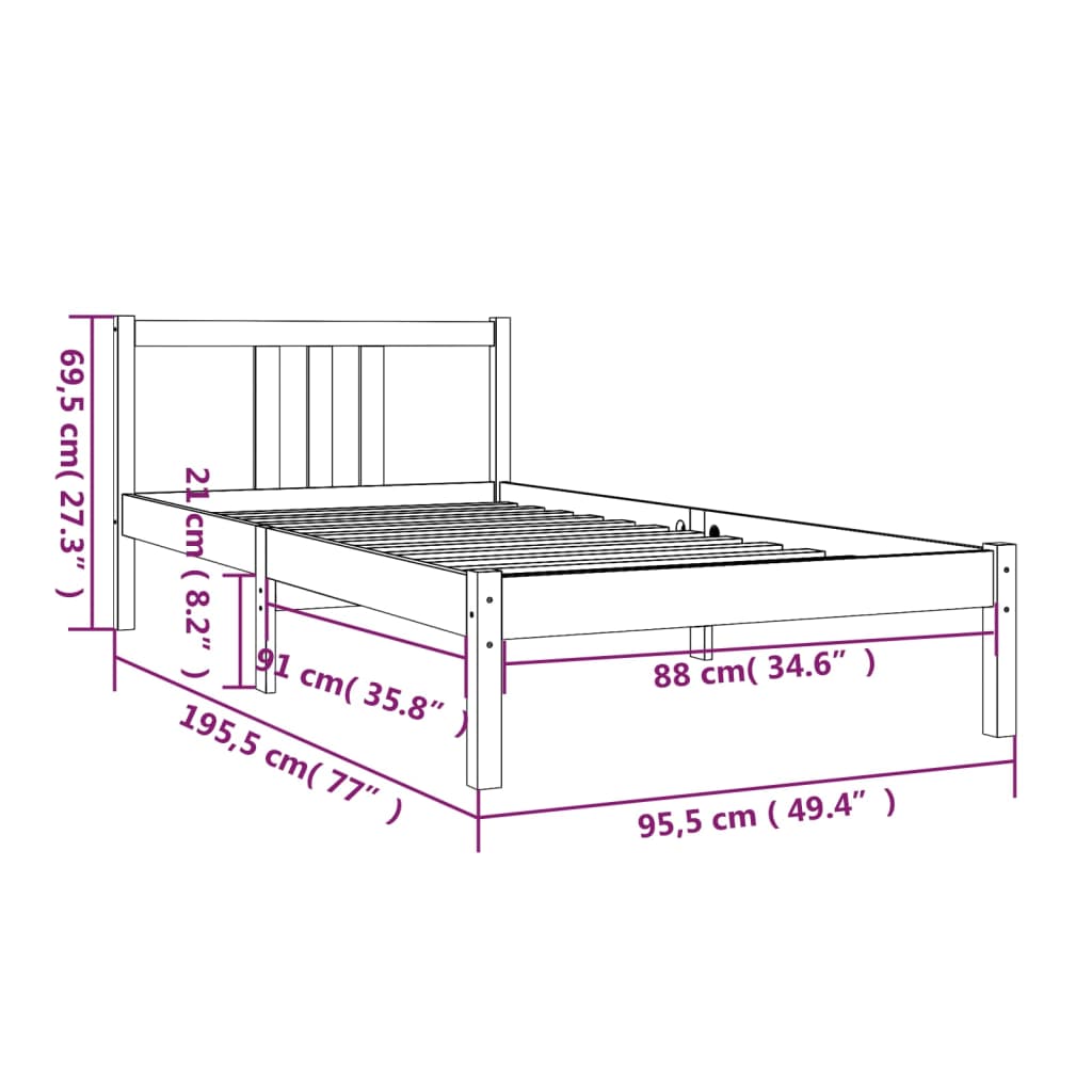 Bedframe Massief Hout Honingbruin 90X190 Cm 3Ft Single