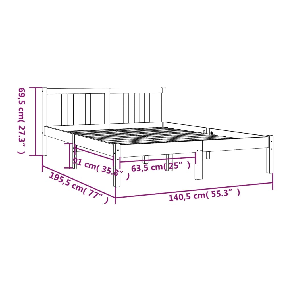 Bedframe Massief Hout Zwart 135X190 Cm 4Ft6 Double