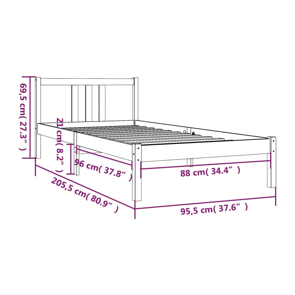 Bedframe Massief Hout Zwart 90X200 Cm