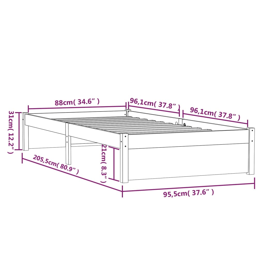 Bedframe Massief Hout Grijs 90X200 Cm