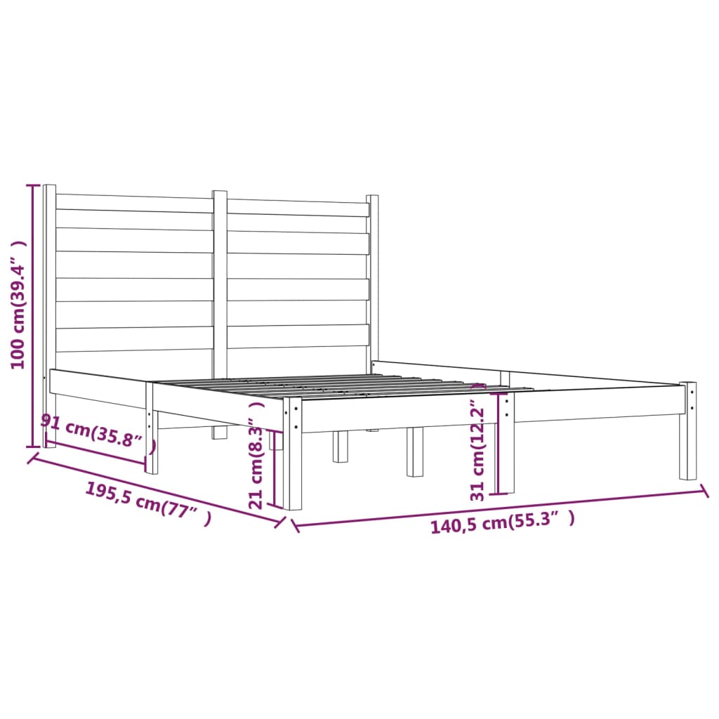 Bedframe Massief Grenenhout Grijs 135X190 Cm 4Ft6 Double