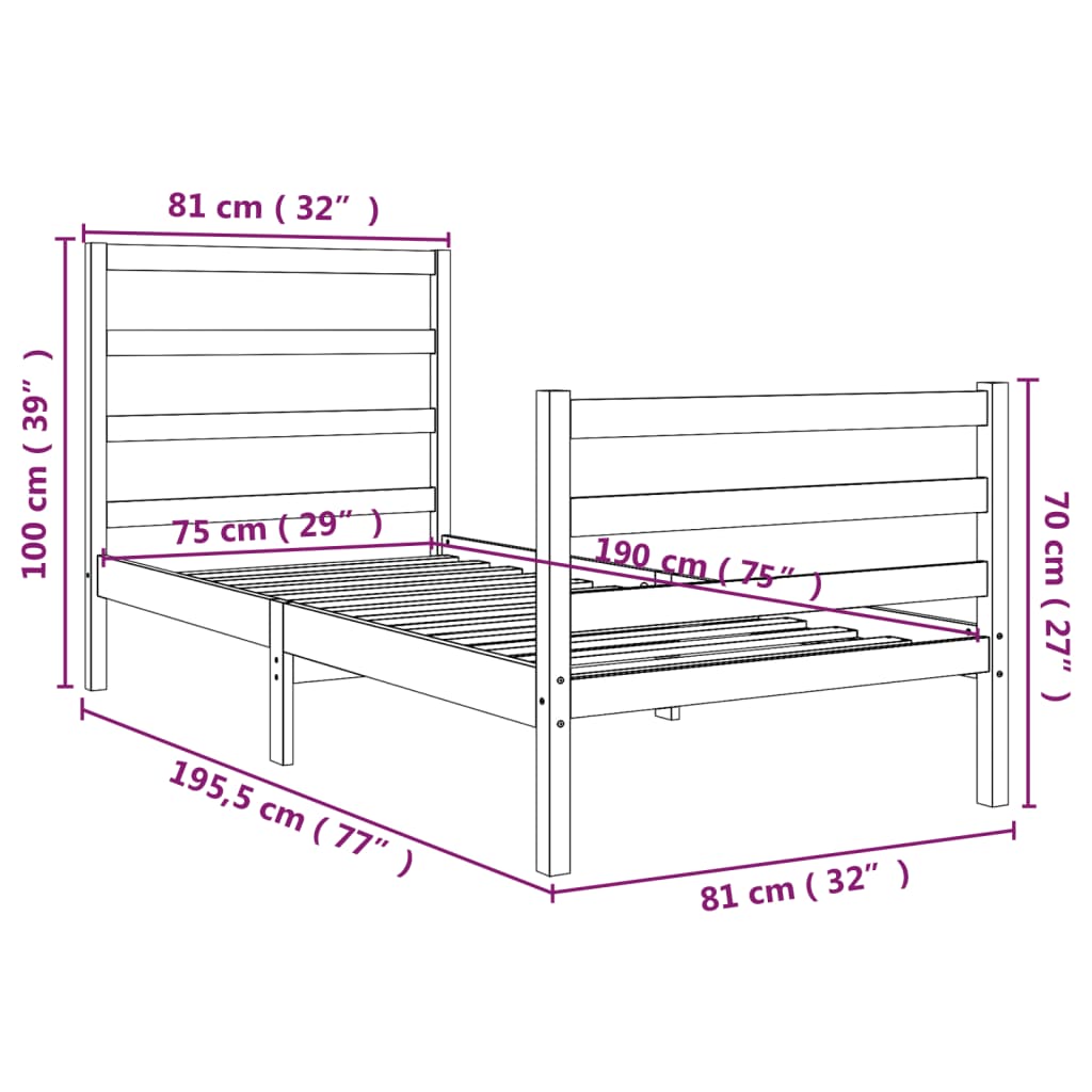 Bedframe Massief Grenenhout Grijs 75X190 Cm 2Ft6 Small Single