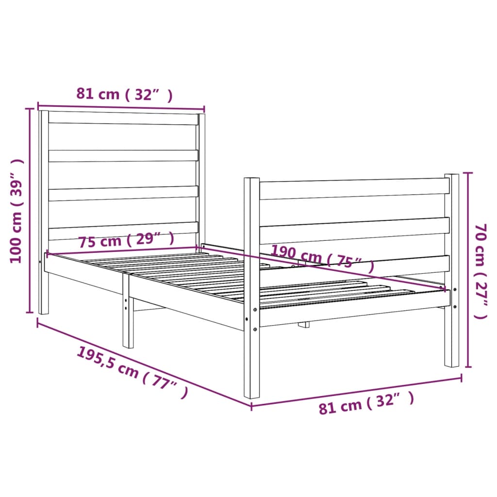 Bedframe Massief Grenenhout Zwart 75X190 Cm 2Ft6 Small Single