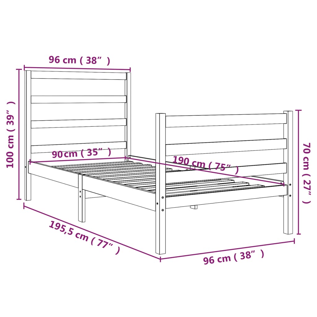 Bedframe Massief Grenenhout Wit 90X190 Cm 3Ft Single