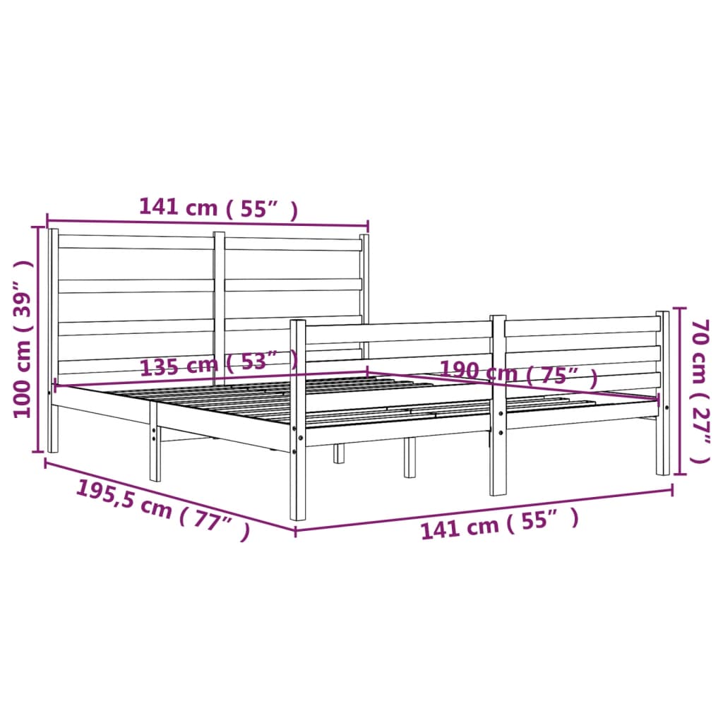 Bedframe Massief Grenenhout Zwart 135X190 Cm 4Ft6 Double