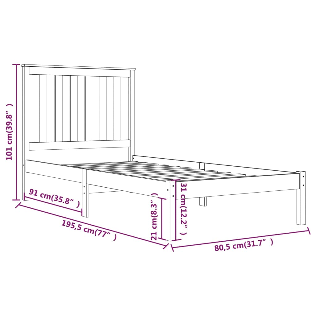 Bedframe Grenenhout Honingbruin 75X190 Cm 2Ft6 Small Single