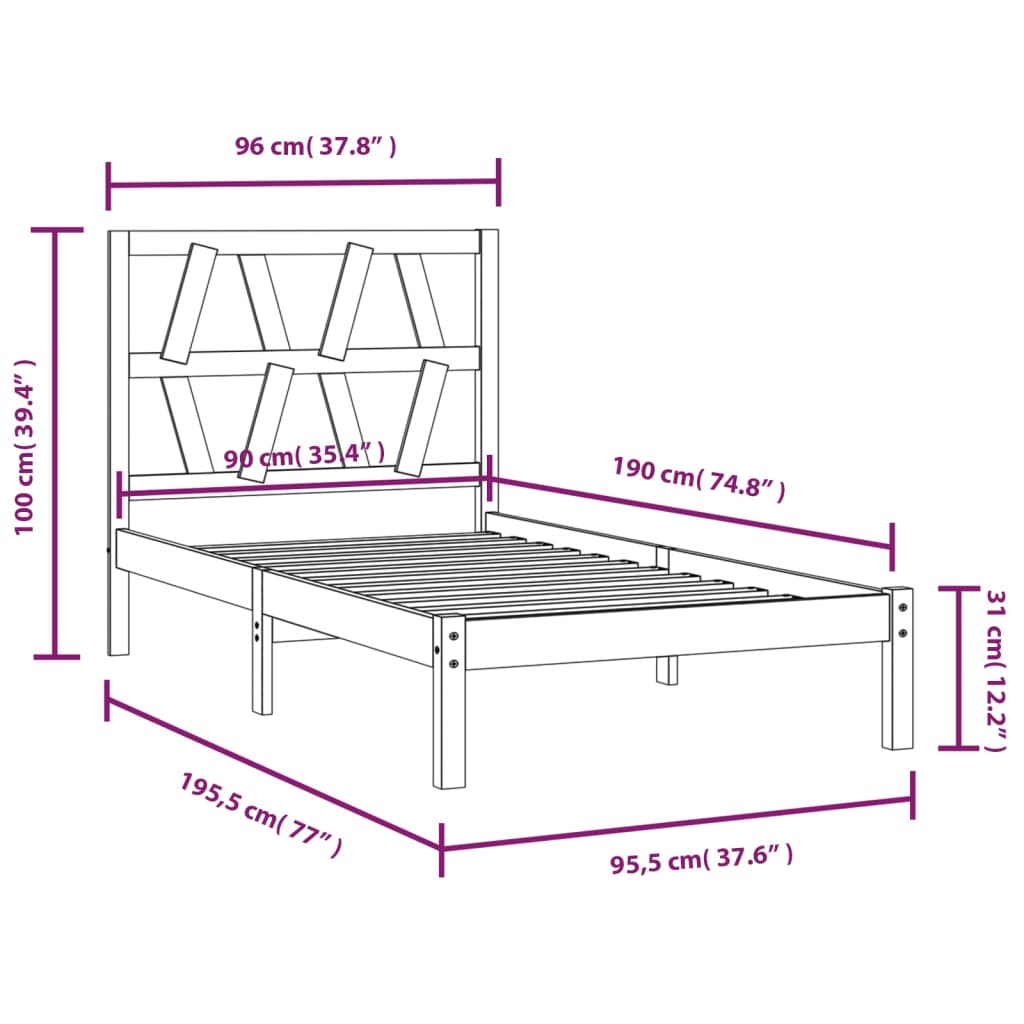 Bedframe Massief Grenenhout Zwart 90X190 Cm 3Ft Single