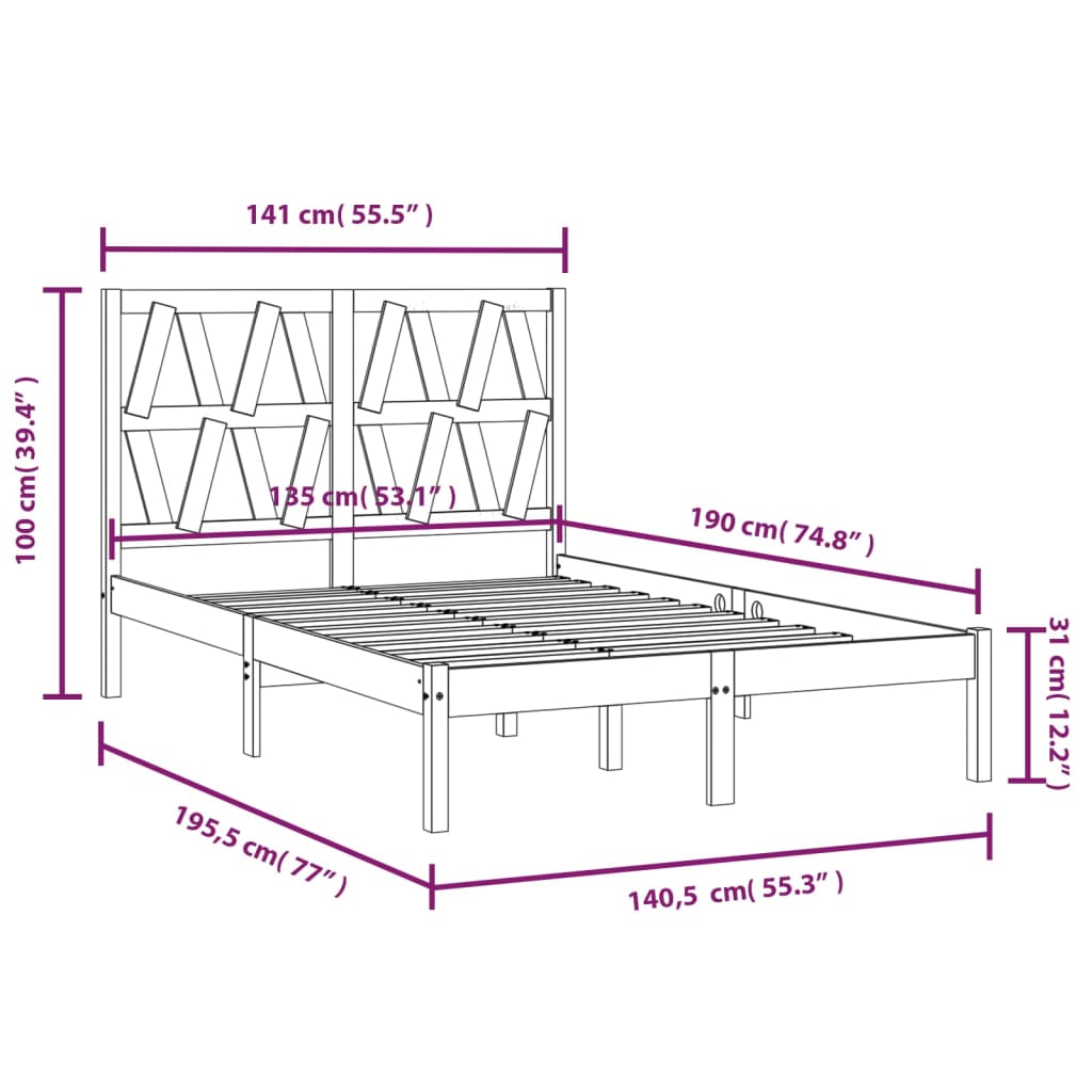 Bedframe Massief Grenenhout Zwart 135X190 Cm 4Ft6 Double