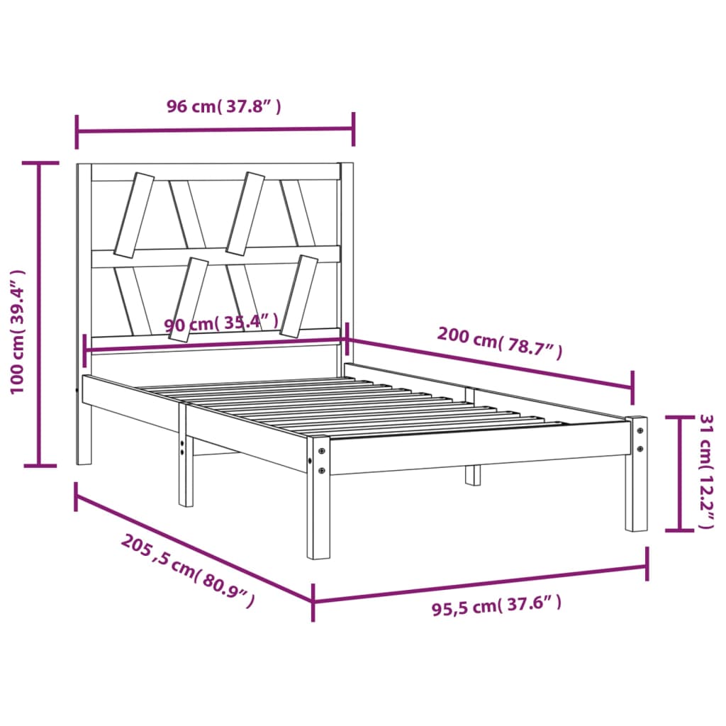 Bedframe Massief Grenenhout Zwart 90X200 Cm