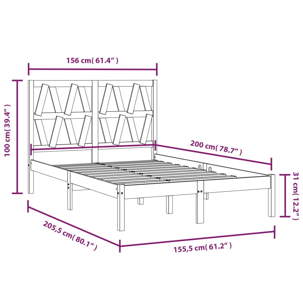 Bedframe Massief Grenenhout Zwart 150X200 Cm 5Ft King Size