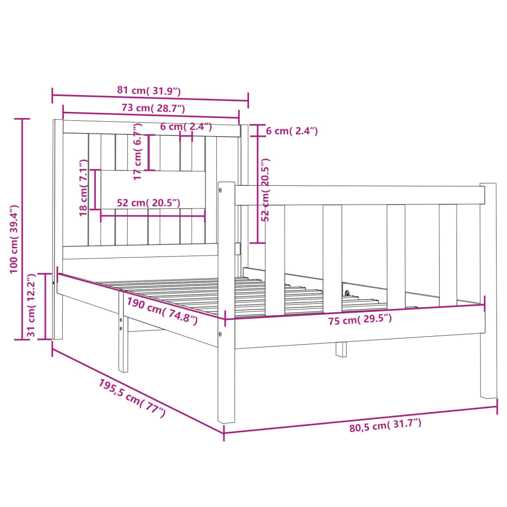 Bedframe Massief Hout Honingbruin 75X190 Cm 2Ft6 Small Single